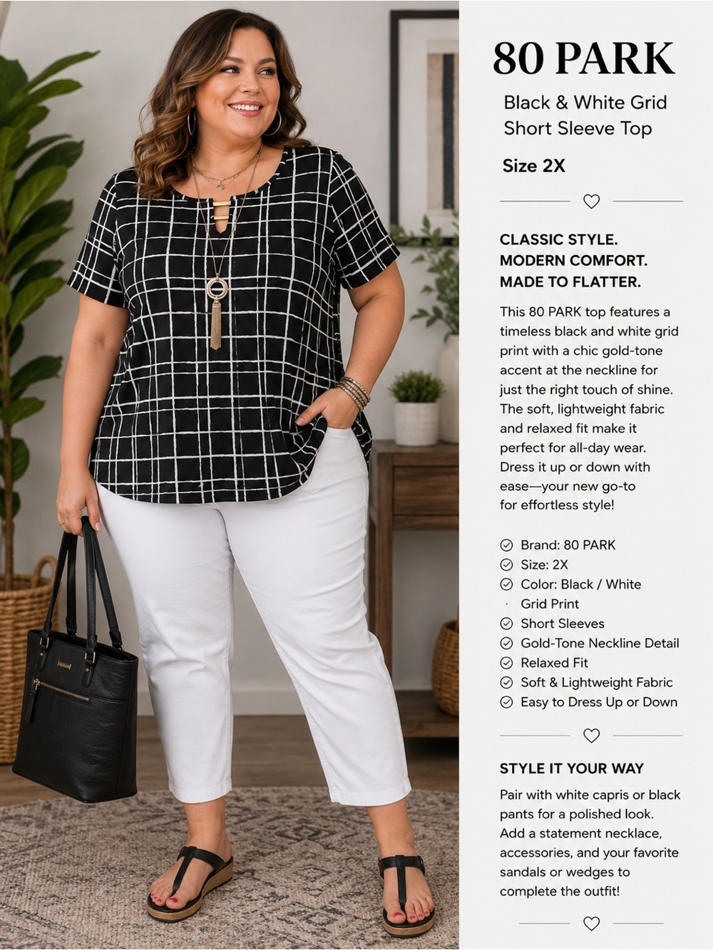 80 Park Black And White Top 2X NWT